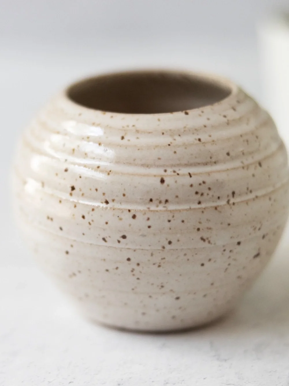 Signed handmade studio pottery pin flower frog ikebana round beige speckled pot
